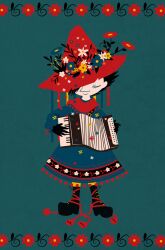 Rule 34 | 1boy, accordion, black gloves, black hair, blue robe, boots, closed eyes, cross-laced footwear, flower, full body, gloves, hat, hat flower, instrument, joxter, lace-up boots, limited palette, long eyelashes, male focus, moomin, nonana (mikudrop), red hat, red scarf, ribbon-trimmed sleeves, ribbon trim, robe, scarf, solo