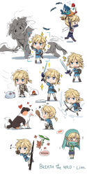 Rule 34 | &gt; &lt;, 1boy, :3, @ @, arrow (projectile), bad id, bad pixiv id, bird, blonde hair, blue eyes, blush stickers, bow (weapon), cellphone, character name, chibi, chicken, chicken (food), chicken leg, chuchu (zelda), closed mouth, cnm, copyright name, dog, food, gerudo set (zelda), heart, highres, holding, holding bow (weapon), holding sword, holding weapon, link, looking at viewer, looking away, meat, musical note, nintendo, on one knee, open mouth, phone, shield, shield on back, short hair, smartphone, smile, speech bubble, spoken blush, standing, sword, the legend of zelda, the legend of zelda: breath of the wild, weapon
