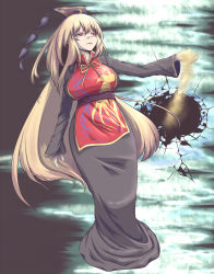 Rule 34 | 1girl, black dress, blonde hair, breasts, chinese clothes, curvy, dress, eyelashes, facing viewer, full body, gero zoukin, hair between eyes, headdress, high collar, highres, hole, huge breasts, junko (touhou), long dress, long hair, long sleeves, looking away, mature female, neck ribbon, nose, open mouth, red eyes, ribbon, sand, sash, scar, sleeves past wrists, solo, tabard, tassel, touhou, very long hair, wide hips, yellow ribbon