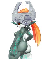 Rule 34 | 1girl, ass, back, bad id, bad tumblr id, black skin, breasts, colored sclera, colored skin, dark nipples, from behind, helmet, long hair, mato spectoru, midna, multicolored skin, neon trim, nintendo, nipples, nude, one eye covered, orange hair, pointy ears, red eyes, small breasts, smile, solo, tattoo, the legend of zelda, the legend of zelda: twilight princess, two-tone skin, white skin, yellow sclera