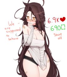 Rule 34 | 1girl, :&lt;, absurdres, ahoge, arm wrap, bandaid, bare shoulders, black choker, black panties, blush, breasts, brown eyes, brown hair, choker, cleavage, closed mouth, clothes tug, collarbone, contrapposto, cowboy shot, curvy, english text, heart, heart choker, highres, jitome, lace, lace-trimmed panties, lace trim, large breasts, long hair, looking at viewer, meme, off-shoulder shirt, off shoulder, original, panties, panty peek, shirt, shirt tug, simple background, sky above me, solo, twitter strip game (meme), underwear, very long hair, white background, white shirt