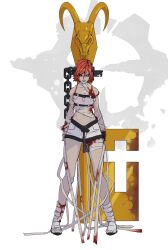 Rule 34 | a.b.a, absurdres, bags under eyes, bandages, blood, blood on clothes, bloody bandages, chain, green eyes, guilty gear, guilty gear xx, highres, key, key in head, looking at viewer, object through head, paracelsus (guilty gear), red hair, short hair, shorts, solo