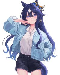 Rule 34 | 1girl, animal ears, black shorts, blue hair, blue jacket, blush, breasts, collared shirt, cowboy shot, cutoffs, hair intakes, hair ornament, hand in own hair, hand in pocket, hand up, highres, horse ears, horse girl, horse tail, jacket, jewelry, long hair, long sleeves, looking at viewer, necklace, open clothes, open jacket, parted lips, purple eyes, rio (rio 067), shirt, shirt tucked in, shorts, simple background, small breasts, smile, solo, standing, tail, umamusume, verxina (umamusume), white background, white shirt