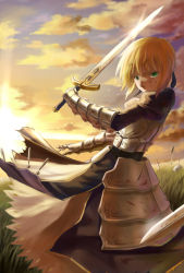 Rule 34 | 1girl, ahoge, armor, armored dress, artoria pendragon (fate), blonde hair, blood, dress, excalibur (fate/stay night), fate/stay night, fate (series), faulds, gauntlets, glowing, glowing sword, glowing weapon, green eyes, hair ribbon, planted sword, planted, ribbon, saber (fate), solo, stflash, sword, tears, weapon
