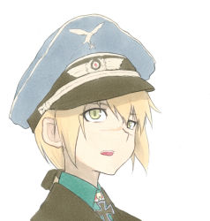 Rule 34 | 1girl, bad id, bad pixiv id, blonde hair, cross, green eyes, hanna rudel, hat, iron cross, jacket, long hair, military, military uniform, open mouth, peaked cap, ponytail, scar, scar on face, scar on nose, shiratama (hockey), simple background, solo, strike witches, strike witches: suomus misfits squadron, traditional media, uneven eyes, uniform, white background, world witches series