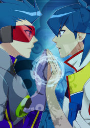 Rule 34 | 2boys, antinomy, blue hair, bruno, bruno (yu-gi-oh!), dual persona, eye contact, gloves, looking at another, male focus, multiple boys, parted lips, pomiwo, spoilers, visor, yu-gi-oh!, yu-gi-oh! 5d&#039;s