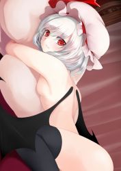 Rule 34 | 1girl, bat wings, black thighhighs, breasts, commentary request, hat, indoors, looking at viewer, lying, nude, on bed, on stomach, pillow, red eyes, remilia scarlet, silver hair, small breasts, smile, solo, thighhighs, touhou, utakata (kochou no yume), wings