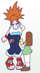 Rule 34 | 00s, 2girls, alternate breast size, alternate hair length, alternate hairstyle, blunt bangs, breasts, brown hair, buckle, cleavage, clenched hand, denim, digimon, digimon tamers, dress, from side, full body, giant, giantess, green dress, hand on own hip, hand puppet, highres, huge breasts, jeans, katou juri, long hair, looking down, makino ruki, matsuda takato, mini person, miniboy, multiple girls, n647, orange hair, pants, ponytail, puppet, purple eyes, raglan sleeves, shirt, shoes, short dress, short sleeves, simple background, size difference, smile, sneakers, socks, spiked hair, standing, tall, thigh gap, thigh strap, tiptoes, wristband, zipper