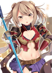 Rule 34 | 1girl, :o, armor, belt, black panties, blush, breasts, brown belt, cleavage, cleavage cutout, clothing cutout, commentary request, cosplay, cowboy shot, crop top, double bun, gauntlets, gluteal fold, granblue fantasy, groin, hair between eyes, hair bun, hand on own hip, highres, holding, holding polearm, holding spear, holding weapon, kantai collection, light brown hair, light particles, looking at viewer, michishio (kancolle), midriff, navel, panties, polearm, purple skirt, red armor, shawl, short hair, short twintails, shoulder armor, showgirl skirt, sidelocks, skirt, small breasts, solo, spear, standing, twintails, underwear, weapon, yasume yukito, yellow eyes, zeta (granblue fantasy), zeta (granblue fantasy) (cosplay)