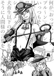 Rule 34 | 2girls, anchor hair ornament, bismarck (kancolle), breasts, closed eyes, cross, gloves, greyscale, hair between eyes, hair ornament, hands on own cheeks, hands on own face, hat, highres, holding, holding whip, imagining, iron cross, kantai collection, large breasts, long hair, long sleeves, low twintails, majin go!, monochrome, multiple girls, navel, peaked cap, prinz eugen (kancolle), prinz eugen kai (kancolle), shorts, suspender shorts, suspenders, t-head admiral, thought bubble, translation request, twintails, very long hair