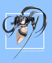 Rule 34 | 10s, 1girl, belt, bikini, bikini top only, black rock shooter, black rock shooter (character), blue background, blue eyes, cropped legs, front-tie top, gloves, glowing, glowing eye, highres, hood, hooded jacket, jacket, justminor, katana, long hair, navel, scar, short shorts, shorts, solo, stitches, swimsuit, sword, thigh gap, twintails, very long hair, weapon