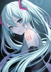 Rule 34 | 1girl, aqua background, aqua eyes, aqua hair, aqua necktie, arm at side, bare shoulders, black background, breasts, character name, collared shirt, commentary request, detached sleeves, dutch angle, from side, gradient background, grey shirt, hair between eyes, hair ornament, hatsune miku, highres, light particles, long hair, long sleeves, looking at viewer, looking to the side, necktie, number tattoo, parted lips, saijou yurika, shirt, shoulder tattoo, small breasts, solo, star (sky), tattoo, twintails, upper body, very long hair, vocaloid