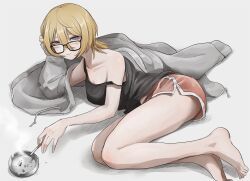 1girl aki_(tabao) ashtray bare_legs barefoot black-framed_eyewear black_tank_top blonde_hair blue_eyes breasts cigarette cleavage collarbone dolphin_shorts double-parted_bangs glasses grey_hoodie hair_between_eyes highres holding holding_cigarette hood hoodie lying medium_breasts off_shoulder on_side original pink_shorts self-harm self-harm_scar shirt_slip short_hair shorts simple_background smile smoking solo squinting tabao tank_top tobacco toes white_background zipper_pull_tab