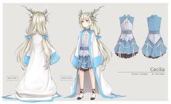 Rule 34 | 1girl, artist name, blind, border, borrowed character, cecilia (acerailgun), character name, character sheet, coat, dress, full body, horns, long hair, long sleeves, miss-ariellia, multiple views, original, shoes, simple background, twintails, very long hair, white border, white hair, wide sleeves, witch, yellow eyes