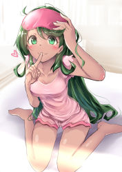 Rule 34 | 1girl, alternate costume, bare arms, bare legs, barefoot, blouse, blush, breasts, cleavage, closed mouth, collarbone, commentary request, creatures (company), dark-skinned female, dark skin, finger to mouth, game freak, green eyes, green hair, hair down, heart, index finger raised, indoors, long hair, looking at viewer, mallow (pokemon), medium breasts, nintendo, pajamas, pink shirt, pokemon, pokemon sm, shirt, short sleeves, sitting, sleep mask, smile, solo, sunlight, wariza, xe-cox