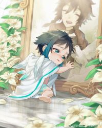 Rule 34 | 2boys, aged down, barefoot, bird, black hair, blue eyes, blue hair, braid, child, closed eyes, commentary, crying, dove, english commentary, ethylene ty, feathered wings, flower, genshin impact, highres, hood, hoodie, leg tattoo, male focus, multiple boys, nameless bard (genshin impact), petals, short hair with long locks, smile, tattoo, twin braids, venti (genshin impact), white flower, white hoodie, white wings, wings