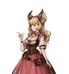Rule 34 | 10s, 1girl, animal ears, arm at side, ascot, belt, belt pouch, blonde hair, blouse, bodice, bow, bowtie, breasts, brown eyes, cleavage, detached collar, detached sleeves, dress, erune, extra, frills, granblue fantasy, hand gesture, hand on own hip, long hair, looking away, minaba hideo, parted lips, pouch, puffy short sleeves, puffy sleeves, red skirt, shirt, short sleeves, skirt, smile, solo, transparent background, white shirt, wristband