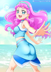 Rule 34 | 1girl, :d, ass, beach, blue eyes, blue hairband, blue shirt, blue skirt, blue sky, casual, cloud, cloudy sky, commentary, dated, day, earrings, foreshortening, from side, hairband, hanzou, high-waist skirt, highres, horizon, jewelry, kneepits, laura la mer, lens flare, long hair, looking at viewer, looking back, midriff, miniskirt, necklace, ocean, open mouth, outdoors, pearl necklace, precure, purple hair, ring, shell, shell earrings, shirt, skirt, sky, sleeveless, sleeveless shirt, smile, solo, sparkle, standing, tropical-rouge! precure, twitter username, wind