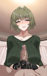 Rule 34 | 1boy, 1girl, akina-chan, animated, animated gif, black gloves, blinking, blush, breasts, censored, collarbone, erection, gloved handjob, gloves, green eyes, green hair, green haired girl (buckethead), green sweater, handjob, hetero, highres, large breasts, long sleeves, looking at viewer, mosaic censoring, naughty face, nose blush, open mouth, original, penis, pov, ribbed sweater, short hair, smile, solo focus, sweater, umezawa itte