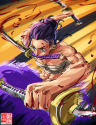 Rule 34 | 1girl, alternate universe, artist name, bare shoulders, black hair, blood, blue eyes, breasts, chest sarashi, eyelashes, hair up, high heels, highres, katana, large breasts, long hair, muscular, muscular female, nico robin, one piece, sarashi, signature, solo, standing, sword, weapon