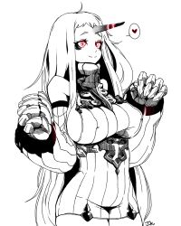 Rule 34 | 10s, 1girl, abyssal ship, ahoge, bad id, bad pixiv id, breasts, claws, collar, commentary request, cowboy shot, detached sleeves, dress, covered erect nipples, female focus, greyscale, heart, horns, j.k., kantai collection, large breasts, long hair, monochrome, red eyes, ribbed dress, seaport princess, short eyebrows, simple background, single horn, smile, solo, spoken heart, spot color