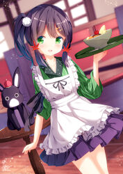 Rule 34 | 1girl, :d, ama usa an uniform, animal, anko (gochiusa), apron, black skirt, blurry, blurry background, bowl, character request, chinomaron, commentary request, cosplay, couch, crown, depth of field, food, frilled apron, frills, gochuumon wa usagi desu ka?, green kimono, hair ornament, hairclip, hand up, highres, holding, holding tray, indoors, japanese clothes, kimono, lapis re:lights, leaf hair ornament, maid apron, mini crown, open mouth, pleated skirt, rabbit, side ponytail, skirt, smile, striped clothes, striped kimono, table, tray, ujimatsu chiya, ujimatsu chiya (cosplay), uniform, vertical-striped clothes, vertical-striped kimono, waitress, white apron, window