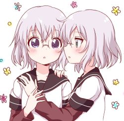 Rule 34 | 2girls, :o, black sailor collar, blue eyes, blush, collarbone, commentary request, floral background, glasses, green eyes, hand on another&#039;s arm, hand on another&#039;s shoulder, highres, ikeda chitose, ikeda chizuru, layered sleeves, light purple hair, long sleeves, looking at another, looking at viewer, multiple girls, nanamori school uniform, round eyewear, sailor collar, school uniform, serafuku, shirt, short hair, short over long sleeves, short sleeves, siblings, sisters, twins, upper body, usagi koushaku, wavy hair, white background, white shirt, yuru yuri