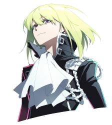 Rule 34 | 1boy, androgynous, ascot, black jacket, eyebrows, eyelashes, green hair, hair between eyes, handkerchief, jacket, leather, leather jacket, lio fotia, long sleeves, looking at viewer, male focus, original nasu, pink eyes, popped collar, promare, short hair, sleeves past elbows, solo, white background