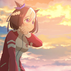 Rule 34 | 1girl, animal ears, black hair, bow, braid, breasts, clenched hand, closed mouth, cloud, cloudy sky, eyebrows, facing away, french braid, hair between eyes, hair bow, hand up, horse ears, horse girl, jacket, long sleeves, looking away, medium breasts, multicolored hair, nonono (1399900), outdoors, pink eyes, purple bow, short hair, single braid, sky, smile, solo, special week (umamusume), sweat, tareme, track jacket, twilight, two-tone hair, umamusume, upper body, white hair, wiping face