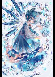 Rule 34 | 1girl, absurdres, barefoot, blue bow, blue dress, blue eyes, blue hair, bow, cirno, closed mouth, commentary request, cryokinesis, dress, from side, full body, hair between eyes, highres, hydrokinesis, ice, ice wings, long sleeves, looking at viewer, medium hair, neck ribbon, pillarboxed, pinafore dress, red ribbon, ribbon, shirt, sleeveless, sleeveless dress, solo, sparkle, touhou, water, wavy hair, white shirt, wings, zhu xiang