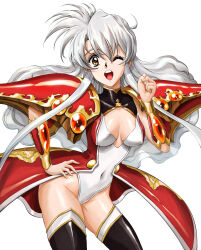 Rule 34 | 1girl, ;d, armor, athletic leotard, black thighhighs, breasts, brown eyes, claret (langrisser), contrapposto, covered navel, cowboy shot, hair between eyes, hand on own hip, highleg, highleg leotard, highres, langrisser, langrisser v, legs apart, leotard, long hair, looking at viewer, medium breasts, official style, one eye closed, open mouth, parted bangs, pauldrons, shiny clothes, shiny skin, shoulder armor, sidelocks, simple background, smile, solo, standing, sterben, thighhighs, white background, white hair