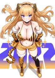 Rule 34 | 1girl, 2022, animal ears, animal hands, animal print, bikini, black choker, black thighhighs, blonde hair, blue eyes, boots, breasts, chinese zodiac, choker, cleavage, collarbone, fake animal ears, frown, full body, gloves, halterneck, hands on own hips, highres, large breasts, lina (michihasu), long hair, michihasu, mismatched bikini, multicolored eyes, navel, original, paw gloves, print bikini, purple eyes, short shorts, shorts, simple background, solo, standing, string bikini, striped bikini, striped clothes, swimsuit, thighhighs, thighs, tiger ears, tiger print, torn clothes, two side up, vertical-striped bikini, vertical-striped clothes, white background, year of the tiger, yellow footwear, yellow shorts