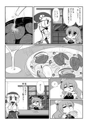 Rule 34 | 2girls, absurdres, apron, blush, bow, breast hold, breasts, chibi, clam, clam, collar, comic, cooking, corset, counter, covered mouth, cup, drinking, drinking glass, eating, fork, goma (gomasamune), greyscale, hair between eyes, hat, highres, holding, holding fork, horns, japanese clothes, kantai collection, kerchief, large breasts, long hair, long sleeves, midway princess, mini hat, monochrome, multiple girls, musical note, open mouth, plate, pola (kancolle), sitting, sleeves rolled up, sliding doors, spoken musical note, standing, translation request, wine glass
