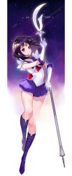 Rule 34 | 1girl, bad id, bad pixiv id, bare legs, bishoujo senshi sailor moon, black hair, blush, boots, bow, character name, choker, circlet, closed mouth, cross-laced footwear, earrings, elbow gloves, female focus, floating hair, full body, gloves, highres, holding, holding spear, holding weapon, jewelry, knee boots, lace-up boots, legs, looking at viewer, magical girl, neck, necklace, outer senshi, pleated skirt, polearm, purple choker, purple eyes, purple footwear, purple sailor collar, purple skirt, purple theme, red bow, sailor collar, sailor saturn, seoji, short hair, silence glaive, skirt, smile, solo, spear, standing, star (symbol), star necklace, tiara, tomoe hotaru, twitter username, weapon, white gloves