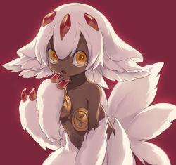 Rule 34 | 1girl, black skin, choke (amamarin), claws, colored skin, extra arms, faputa, female focus, flat chest, highres, horns, made in abyss, monster girl, open mouth, red background, simple background, solo, white hair, yellow eyes