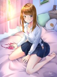 Rule 34 | 1girl, amagi shino, artist name, bad id, bad pixiv id, barefoot, bed, between legs, blush, bow, bow panties, bowtie, unworn bowtie, bra, breasts, brown hair, collarbone, curtains, dress shirt, feet, grin, hand between legs, highres, indoors, lace, lace-trimmed bra, lace trim, long hair, looking at viewer, on bed, open clothes, open shirt, open skirt, original, painting (object), panties, panty peek, partially unbuttoned, pillow, pink bra, plaid, plaid bow, plaid bowtie, plaid neckwear, pleated skirt, red bow, red bowtie, school uniform, shirt, signature, sitting, skirt, smile, soles, solo, stuffed animal, stuffed cat, stuffed toy, swept bangs, teddy bear, underwear, wariza, window, yellow eyes