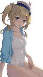 Rule 34 | 1girl, barbara (genshin impact), blonde hair, blue eyes, blush, breasts, collarbone, covered navel, fingernails, genshin impact, green nails, hat, highleg, highleg swimsuit, highres, jacket, kozeni isari, looking at viewer, medium breasts, medium hair, nail polish, one-piece swimsuit, open clothes, open jacket, open mouth, school swimsuit, sidelocks, simple background, solo, swept bangs, swimsuit, thighs, twintails, water, wet, wet clothes, wet hair, wet swimsuit, white hair, white hat, white one-piece swimsuit