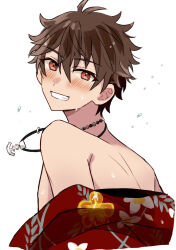 Rule 34 | 1boy, bare shoulders, blush, brown hair, commentary request, ensemble stars!, hair between eyes, highres, jewelry, looking at viewer, male focus, morisawa chiaki, nago 0313, necklace, official alternate costume, red eyes, short hair, simple background, smile, solo, teeth, upper body, water drop, white background