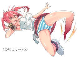 Rule 34 | 10s, 1girl, blush, breasts, character request, god eater, god eater 2: rage burst, kicking, long hair, michairu, open mouth, panties, pantyshot, red eyes, red hair, shiny skin, skirt, solo, striped clothes, striped panties, twintails, underwear, upskirt, wristband