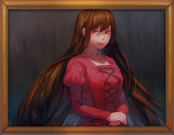 Rule 34 | 1girl, brown hair, christon-clivef, dress, ib (kouri), lady in red (ib), long hair, own hands together, painting (object), portrait, red dress, red eyes, smile