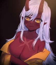 Rule 34 | 1girl, absurdres, akumi (yoclesh), black background, breasts, cleavage, closed mouth, colored skin, fang, hair between eyes, highres, horns, large breasts, long hair, pointy ears, red horns, red skin, scar, shirt, simple background, skin fang, sky above me, solo, virtual youtuber, vyugen, white hair, yellow eyes, yellow shirt