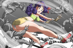 Rule 34 | 1girl, ass, breasts, dragon ball, impossible clothes, lunch (dragon ball), miniskirt, panties, pantyshot, purple hair, shoes, skirt, sneakers, strapless, sweat, takimoto dojo, tube top, underwear, upskirt