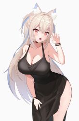 Rule 34 | 1girl, absurdres, alternate costume, animal ears, black choker, black dress, blonde hair, blue hair, blush, breasts, choker, cleavage, dog ears, dog girl, dress, fang, fuwawa abyssgard, highres, hololive, hololive english, large breasts, looking at viewer, multicolored hair, open mouth, pink eyes, sasaki ikuya, skin fang, sleeveless, sleeveless dress, smile, solo, streaked hair, two side up, virtual youtuber, white background