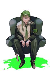 Rule 34 | 1boy, absurdres, armband, armchair, black coat, black pants, chair, closed mouth, coat, collared shirt, enkephalin (project moon), green armband, green eyes, green hair, green necktie, highres, lobotomy corporation, long hair, long sleeves, looking at viewer, male focus, msx (mis4xi), necktie, netzach (project moon), pants, project moon, shirt, simple background, sitting, solo, very long hair, white background, white shirt