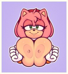 Rule 34 | 1girl, absurdres, amy rose, animal ears, border, breasts, closed mouth, eyelashes, furry, gloves, green eyes, highres, huge breasts, large areolae, looking at viewer, nipples, outline, pink hair, polka dot, polka dot background, purple background, short hair, smile, solo, sonic (series), stunnerpony, upper body, white gloves, white outline