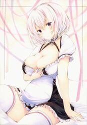 Rule 34 | 1girl, apron, arm support, azur lane, breasts, cleavage, clothes pull, dress, dress pull, flashing, frilled dress, frills, hair between eyes, large breasts, looking at viewer, marker (medium), red eyes, short dress, short hair, short sleeves, sirius (azur lane), sitting, solo, thighhighs, thingtng (sgma7424), traditional media, underbust, waist apron, white apron, white dress, white hair, white thighhighs