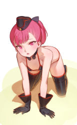 Rule 34 | 1girl, :o, all fours, belt boots, bikini, black bikini, black gloves, black thighhighs, blush, boots, fate/grand order, fate (series), garrison cap, gloves, hat, helena blavatsky (fate), helena blavatsky (swimsuit archer) (fate), helena blavatsky (swimsuit archer) (third ascension) (fate), highres, looking at viewer, open mouth, purple eyes, purple hair, solo, swimsuit, teeth, thigh boots, thighhighs, timbougami, tsurime