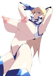 Rule 34 | 1girl, absurdres, arms behind head, bare legs, bare shoulders, blonde hair, blue panties, breasts, breasts out, closed mouth, duel academy uniform (yu-gi-oh! gx), fingerless gloves, gloves, highleg, highleg panties, highres, large breasts, lips, long hair, looking at viewer, multiple views, obelisk blue uniform, open mouth, panties, pobotto, simple background, skirt, unworn skirt, sleeveless, tenjouin asuka, thong, turtleneck, underwear, upper body, very long hair, white background, wide hips, yellow eyes, yu-gi-oh!, yu-gi-oh! gx