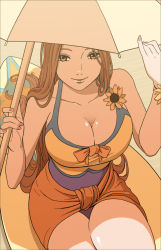 Rule 34 | 1girl, alternate costume, breasts, brown eyes, brown hair, cleavage, flower, holding, holding umbrella, ieung-isegae, large breasts, league of legends, leona (league of legends), long hair, looking at viewer, nail polish, one-piece swimsuit, pink nails, pool party leona, sitting, smile, solo, sunflower, swimsuit, umbrella