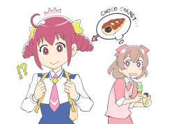 Rule 34 | !?, ahoge, backpack, bag, brown hair, chocolate cornet, delicious party precure, drill hair, drooling, food, highres, hoshizora miyuki, ice cream, ice cream cone, nagomi yui, nanairogaoka middle school uniform, necktie, pink eyes, pink hair, pink necktie, precure, purple eyes, school uniform, shirt, short hair, simple background, smile, smile precure!, thought bubble, triple scoop, twin drills, ueyama michirou, white background, white shirt